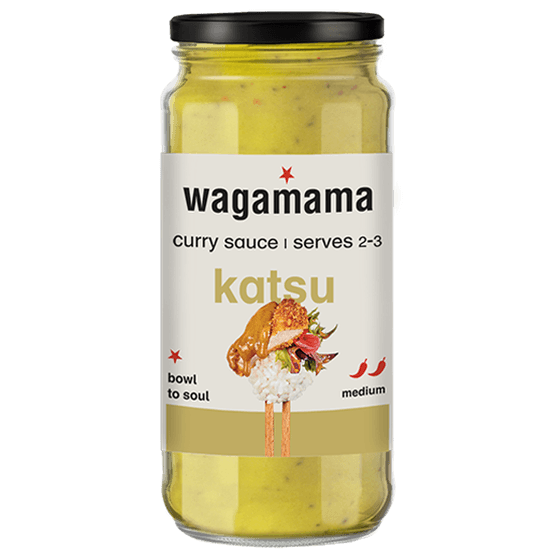 a jar of wagamama katsu curry sauce with a black lid