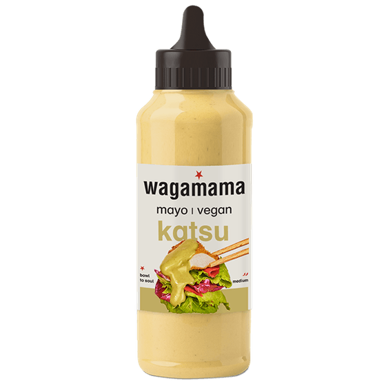 a squeezy bottle of wagamama katsu mayo with a black nozzle lid