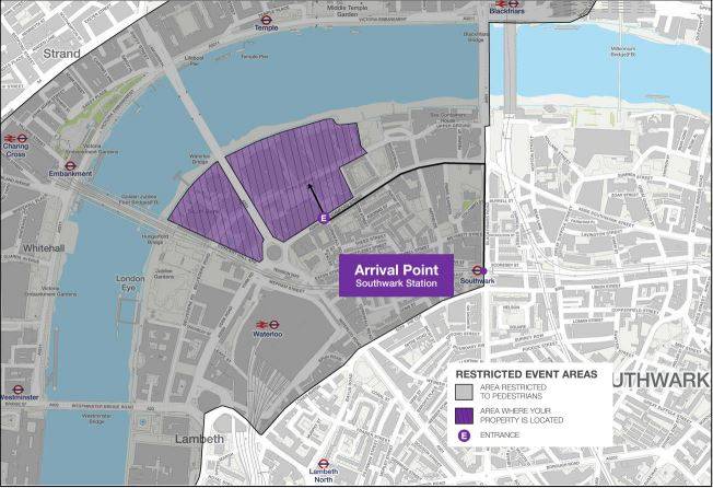 a map showing the restricted areas on southbank with a purple section identifying the access points to southbank on new years eve